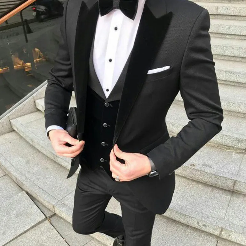 

Slim Fit Mens Suits for Wedding Prom with Black Velour Lapel Groom Tuxedos 3 Piece Formal Male Set Jacket Pants Vest Latest