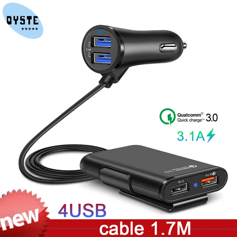 QC3.0 автомобильное зарядное устройство 1 в 4 USB для заднего сиденья быстрая зарядка