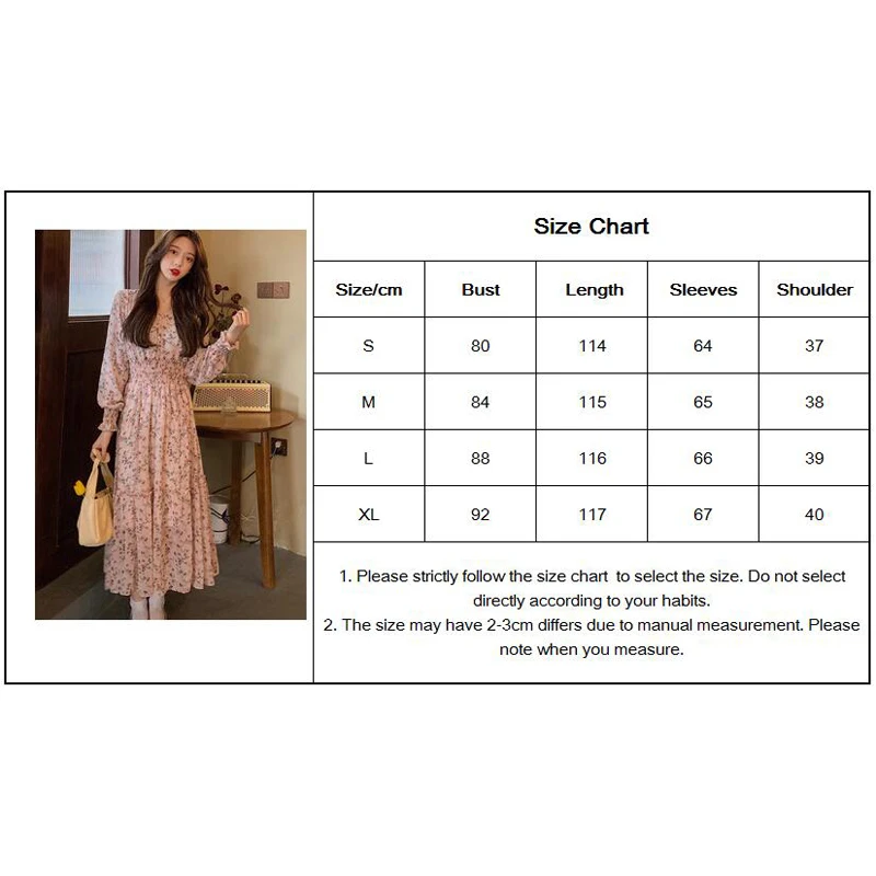 

Vintage Chiffon Dress Women Floral Print Long Sleeve V Neck Ankle Long Pink Blue Korean Spring Autumn Dresses Casual Vestidos