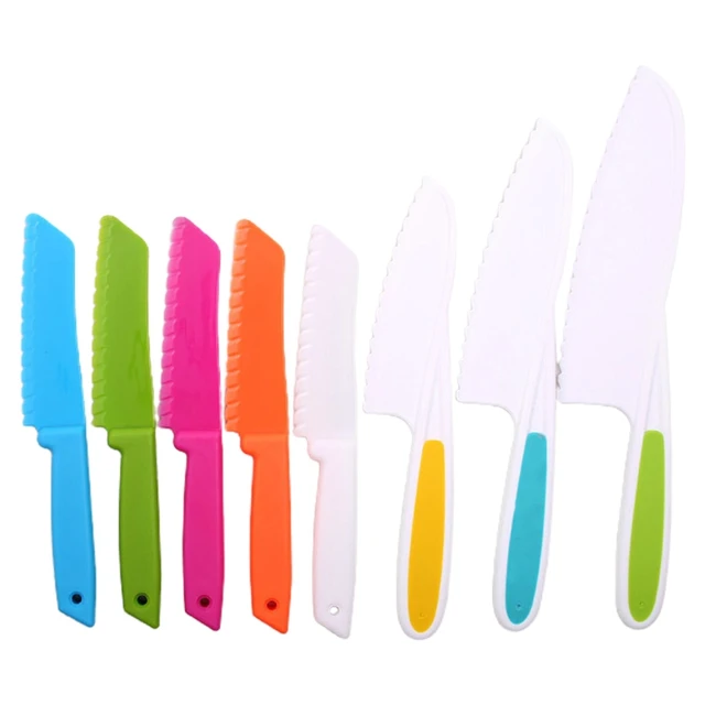 KitchenKids Kids Knife Set of 3 – Firm Grip, Serrated Edges & Safe –  Colorful Nylon Toddler Knife Set to Cut Fruits, Salad, Cake, Lettuce –  Kitchen Kids