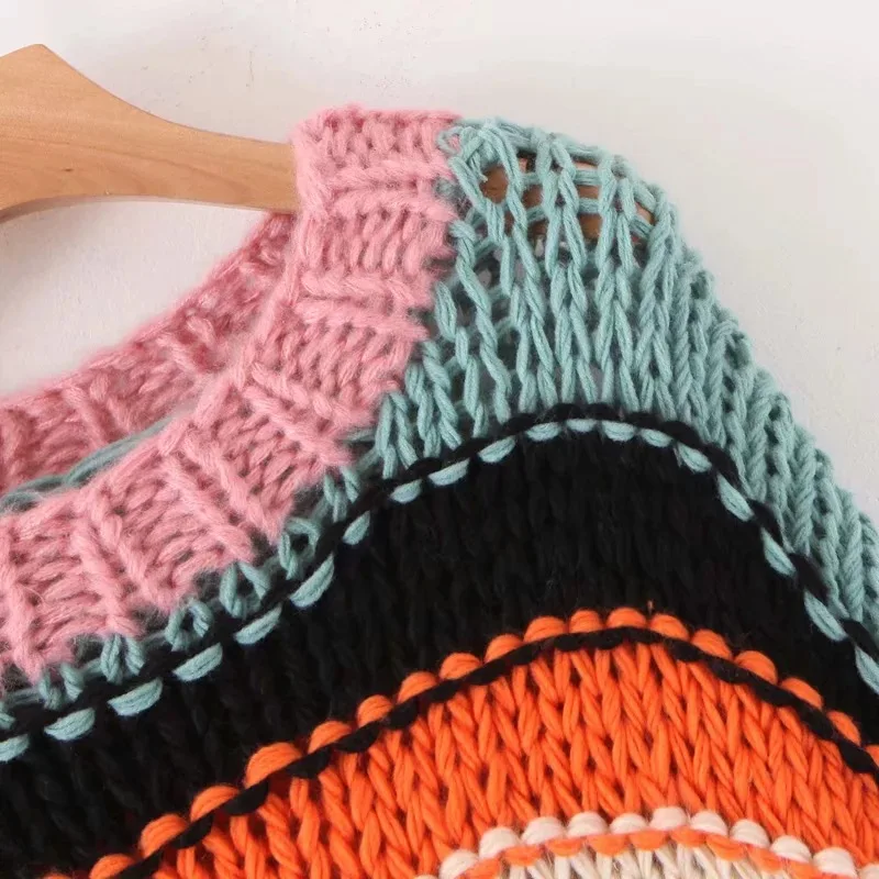 Ручной Работы Радуга полосатый свитер для женщин О-образный вырез с длинным