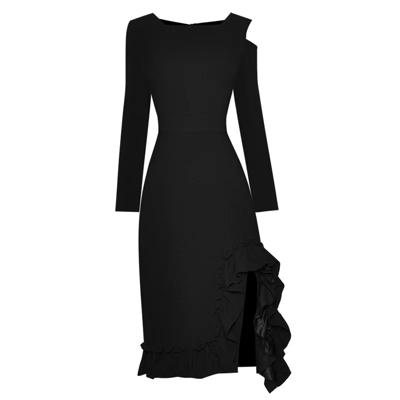 

Облегающее черное платье до колен с вырезами, открытыми плечами, длинным рукавом, квадратным вырезом и оборками