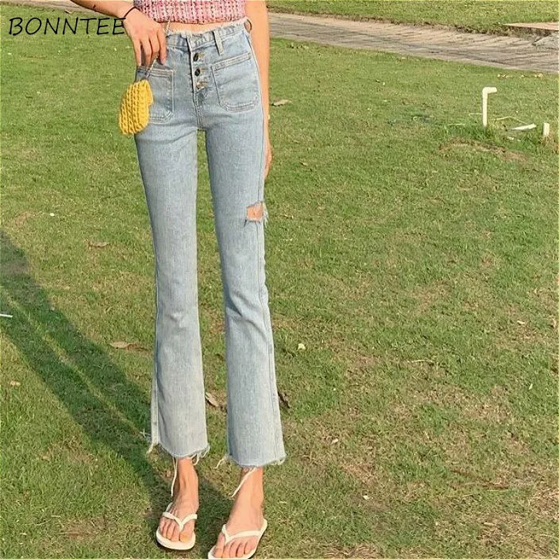

Jeans Women Blue Ankle-Length Pockets Hole Popular Vintage Daily Straight Spring Casual All-match Regular Aesthetic High Waisted