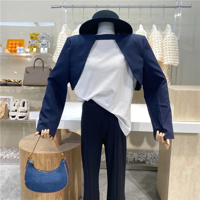 

New 2021 Stylish Design Sense Of Ultra-short Long-sleeved Blazer Casual Versatile Jacket + Loose Sleeveless Bottom Vest Suit