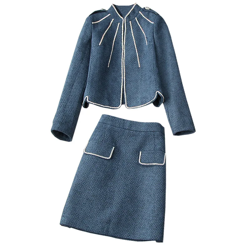 

Skirt Suits Women Winter 2020 New OL Stand Collar Long Sleeved Jacket + A-Line Short Skirt Two Piece Tweed Set With Diamonds