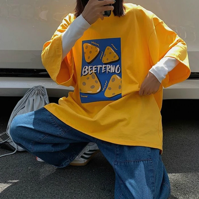 

Short Sleeve T-shirts Printed Loose BF Women Summer Korean Style Street Wear All-match Tees Womens Tops Drop-shoulder Chic Ins