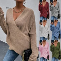 womens 2021 fallwinter new cross loose outer wear ladies knitted sweater sexy solid color deep v neck knit pullover tops femme