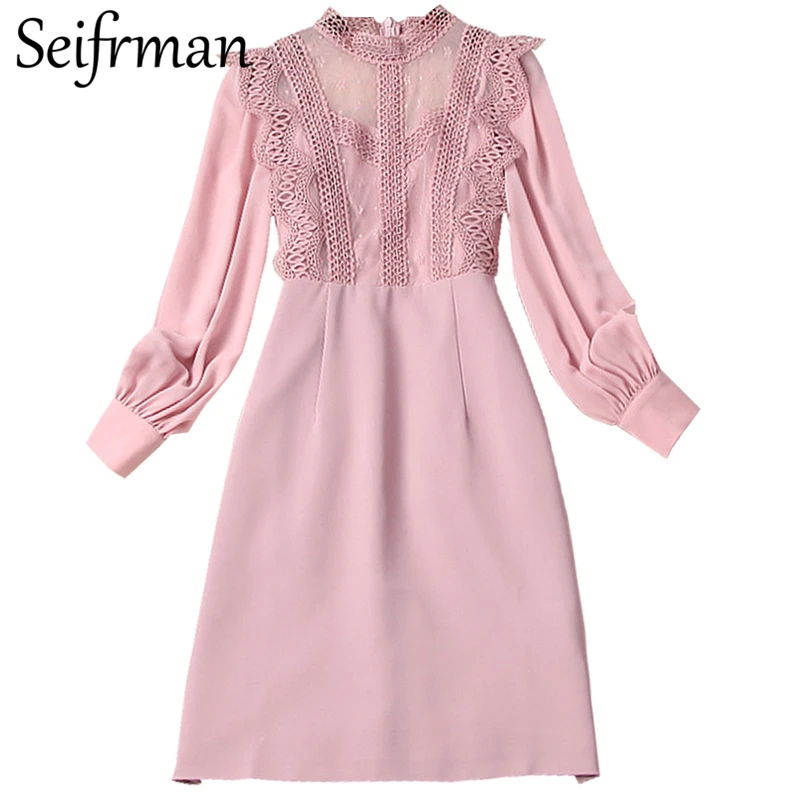 

Seifrmann New 2021 Women Spring Fashion RunwayParty A-Line Dress Lace Lantern Sleeve High Waist Solid Printed Ladies Midi Dress