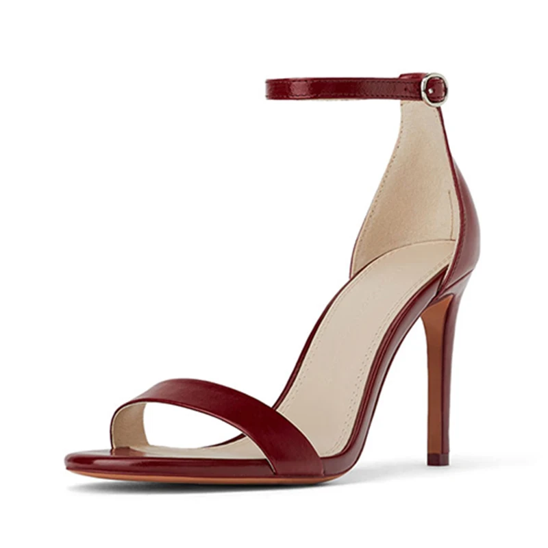 2019 Nudist Sandals Women Open Toe One Narrow Band Ankle Strap Black Red Real Leather High Heel Shoes Woman Sexy Party | Женская обувь