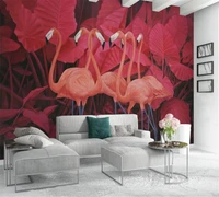 custom 3d wallpaper mural red tropical plant leaves flamingo background mural