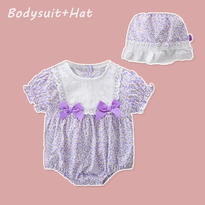 

0-24M Baby Girls Rompers+Hat Outfits Vintage Floral Cotton Newborn Bodysuit Playsuit Summer Baptism Cute Lace Children Clothes
