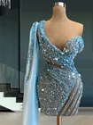 Роскошные вечерние платья-русалки с блестящими бусинами, небесно-голубое платье для выпускного вечера, вечернее коктейльное платье с глубоким рукавом, женское платье