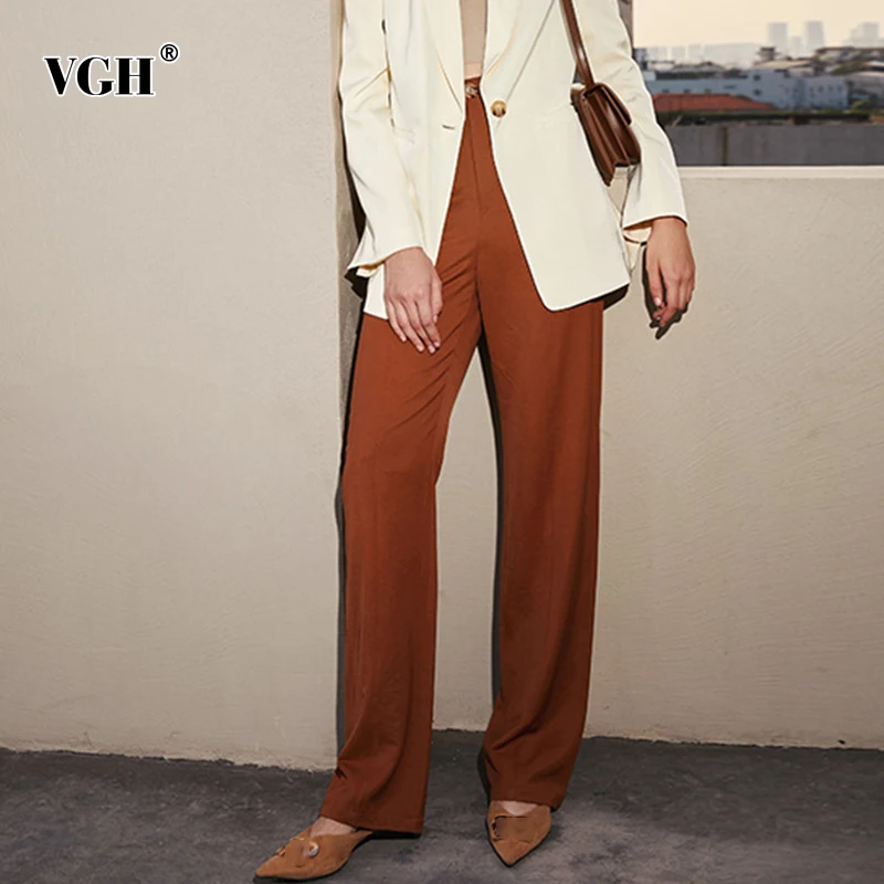 

VGH Casual Minimalist Trouser For Women High Waist Office Lady Straight Wide Leg Pants Female Fashion New Clothing 2021 Autumn