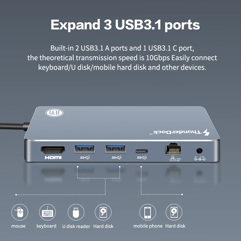 JEYI Thunderbolt 3 док-станция для Поддержка NVME DP PD 60 Вт HDMI USB3.1 10G 1000M LAN TYPE-C алюминиевый M.2