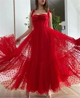 red polka dots tulle evening dress spaghetti straps tied bow shoulder tea length party graduation prom robe de soir%c3%a9e femme