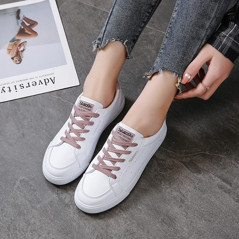 

Classic Leather Shoes Female lace-up flat trainers fashion shoes women vulcanize shoes white sneakers women U20-06