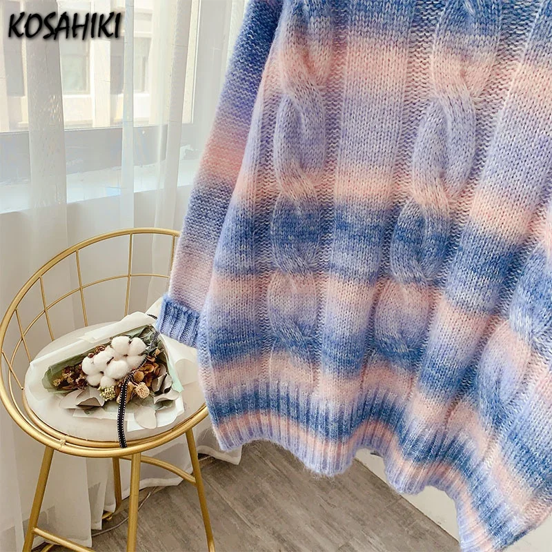

KOSAHIKI 2021 Autumn Retro Streetwear Rainbow Striped Sweater Tops Pullover Knitwear Femme Elegant Knitted Harajuku Jumper