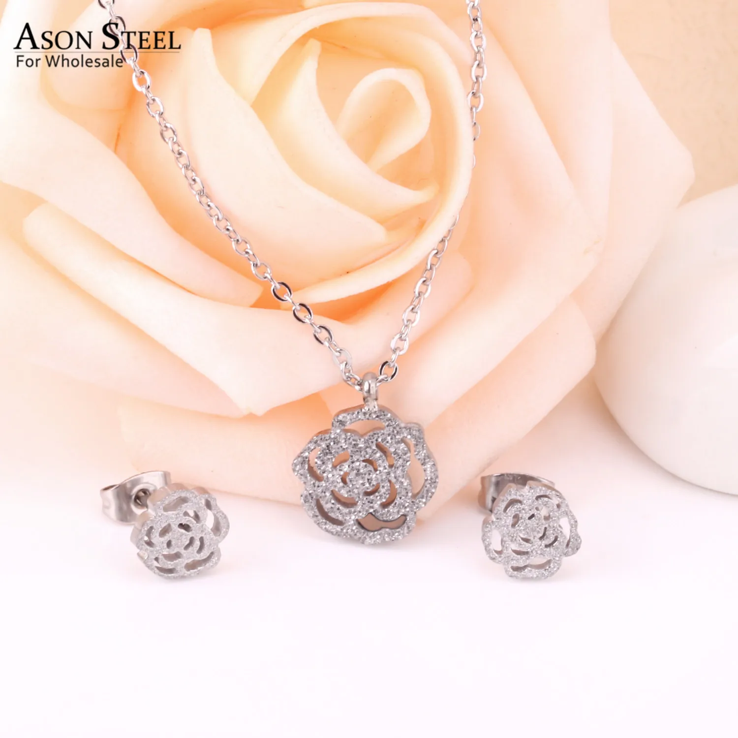 ASONSTEEL Bridal Jewelry Sets Stainless Steel Gold/Silver Color Romantic Flower Shape Pendants Charm Chain Necklace Earring Sets