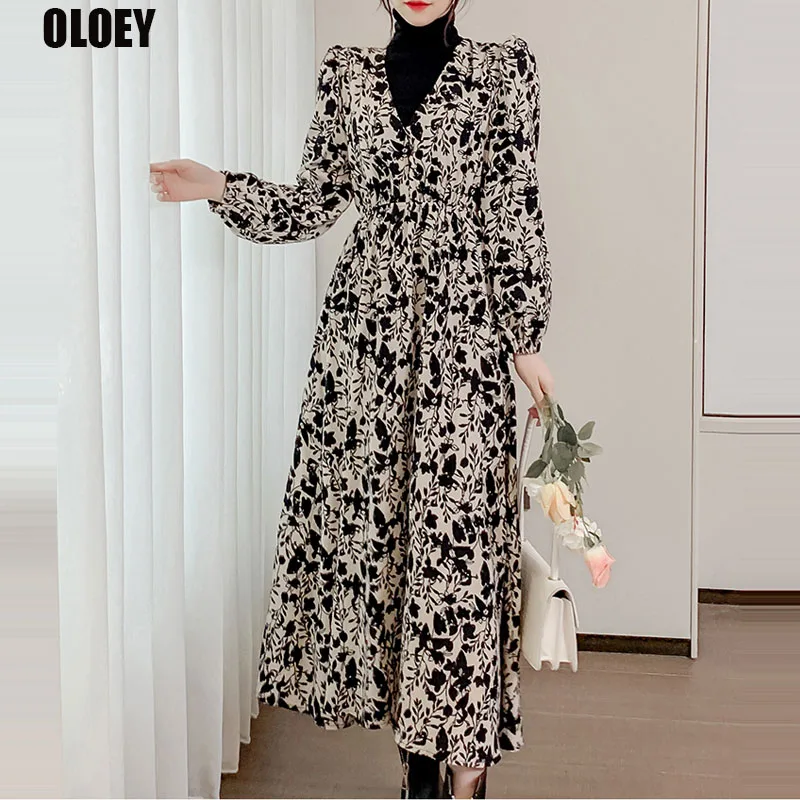 

Women Elegant Party One-Piece Korean Dresses French Floral Stitching Dress 2021 Spring Autumn Women Long Sleeve Dress Long Dress