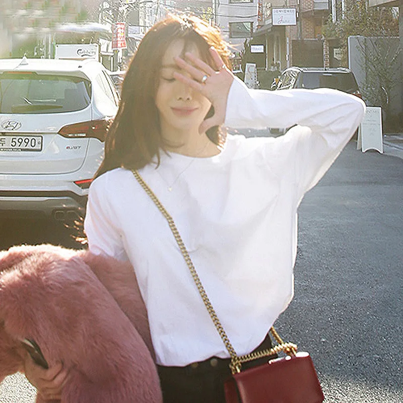 2020 женская футболка с длинным рукавом Тонкая однотонная простая для женщин