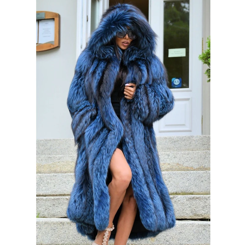 110cm Long Real Silver Fox Fur Coats For Women Natural Whole Skin Genuine Fox Fur Coat With Hood Winter 2022 New Woman Overcoats