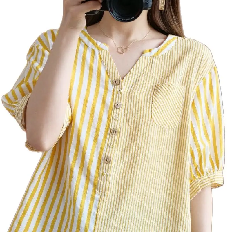 

women Oversized t-shirt belly show slim female summer loose Korean patchwork stripe V-neck bubble sleeve Big size fat woman 2021
