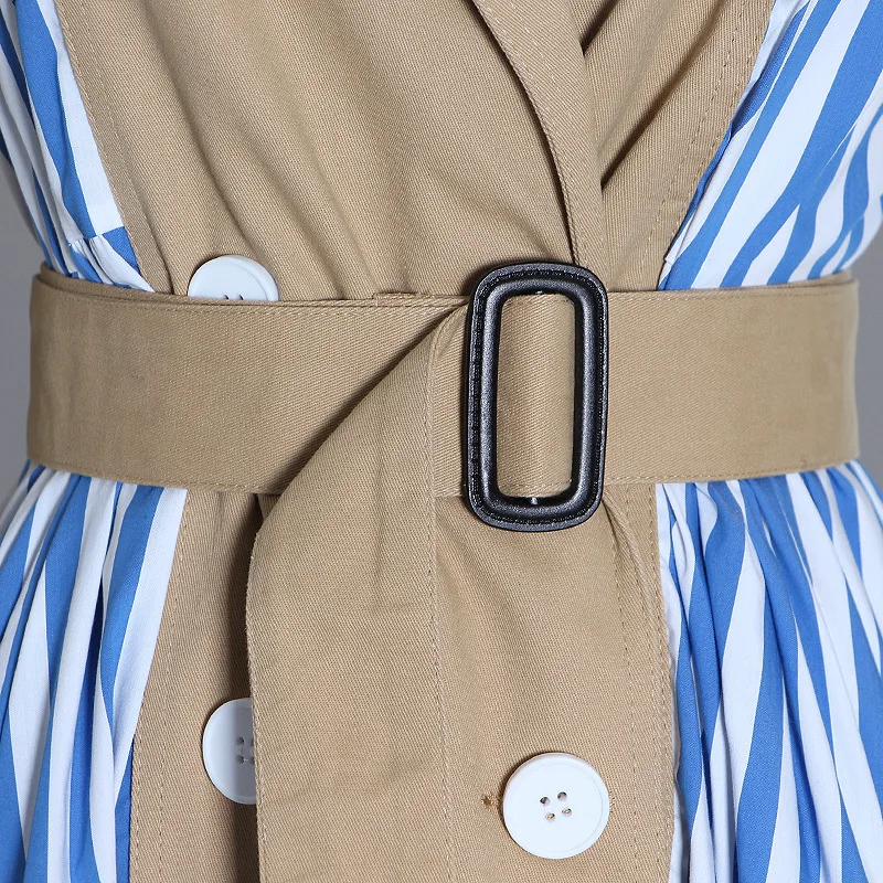 

Unua amo Patchwork Striped Trench Coat For Women Long Fashion Double-breasted High Waist Sashes Spring Windbreaker Female