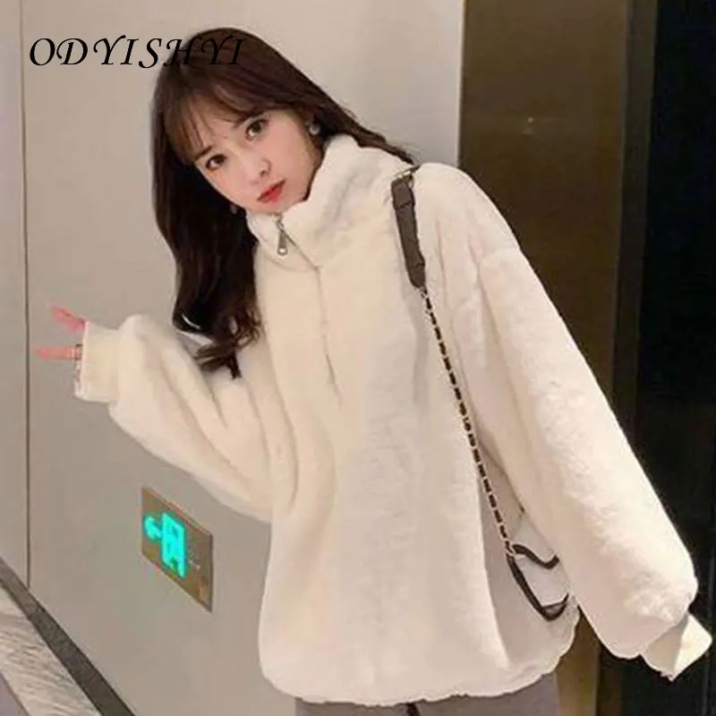 

Faux Fur Coat Women Parka Thick Winter 2020 New Stand Collar Loose Pullover Sweater Artificial Rabbit Fur Jacket Ladies DH471