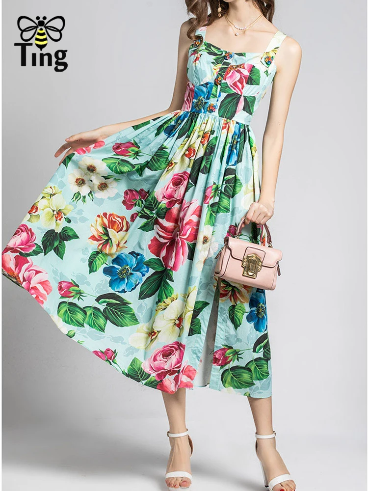 Дизайнерское Модное Новое Цветочное платье миди с пуговицами Tingfly длинное летнее