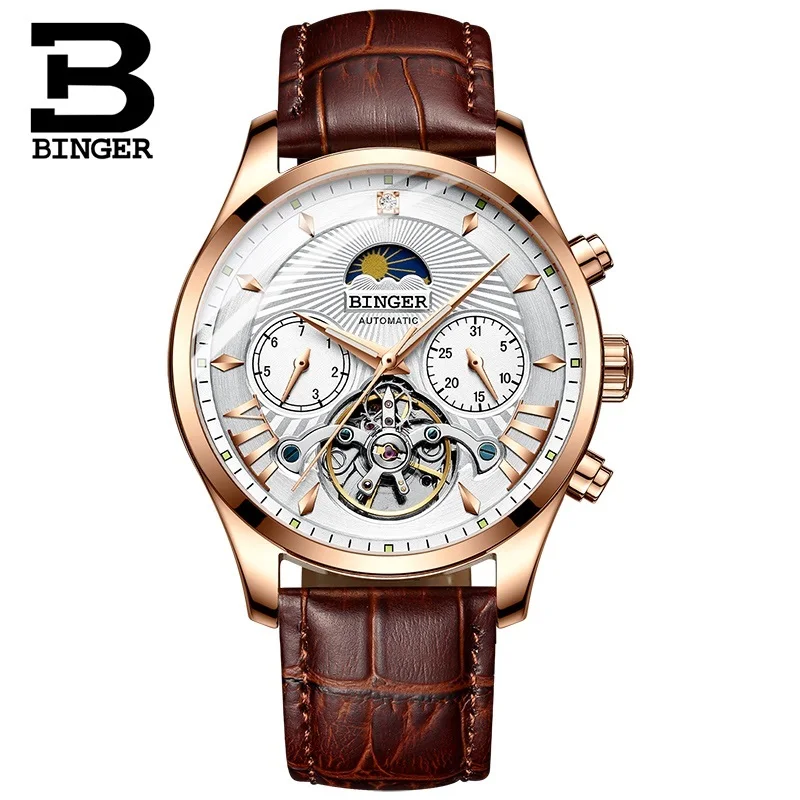 Швейцарский бренд BINGER Мужские автоматические деловые наручные часы хронограф