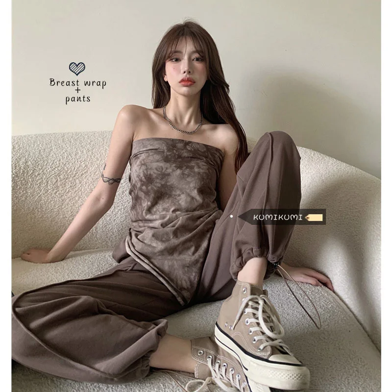 Костюм с брюками для девушек женский летний пикантный короткий топ завязками и