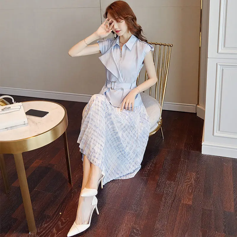 

2020 Summer New Female Floral Chiffon Suit Fashion Temperament Two-piece Set Elegant Belt Tops And Elastic Waist Skirt r394