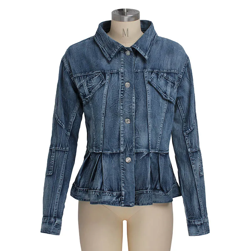 Женская Повседневная синяя джинсовая куртка с баской и длинным рукавом |