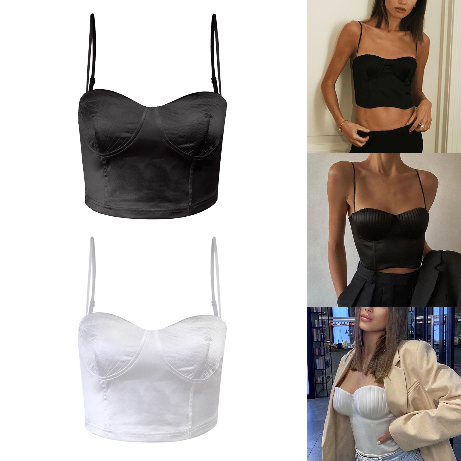

Women's vest, girls' solid color sleeveless cropped top with thin straps, summer low-cut shirt, white/black, S/M/L
