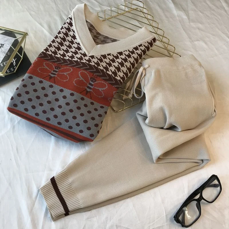 

Женский вязаный комплект из двух предметов, винтажный свитер с длинным рукавом и принтом в стиле пэчворк и брюки до щиколотки, повседневный ...