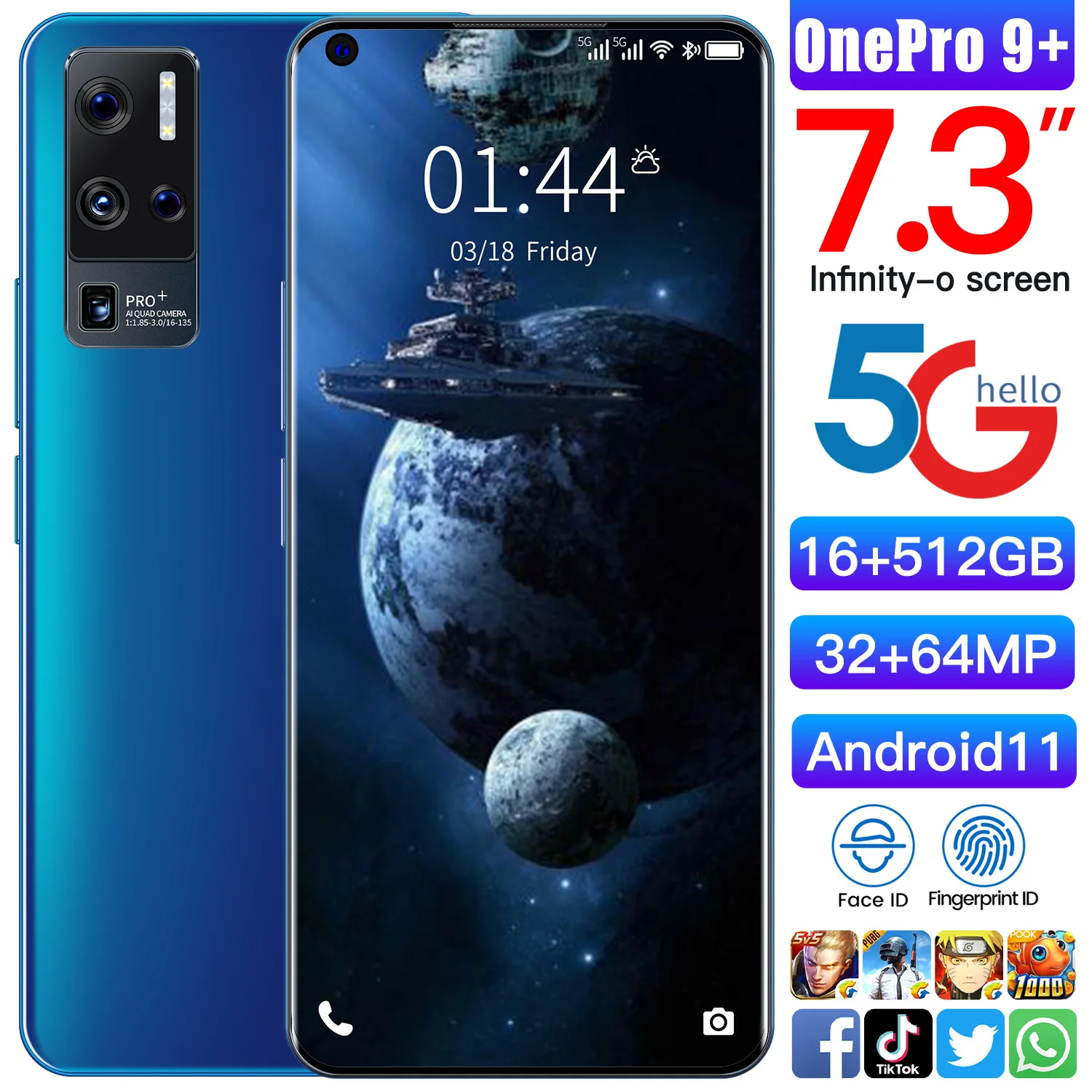 OnePro-tel&eacute;fono m&oacute;vil inteligente con pantalla completa de 7,3 pulgadas, smartphone con pantalla completa de 16 GB + 512GB, Deca Core, desbloqueado, 32MP + 64MP, Android 11, Tarjeta SIM Dual, modelo 9 +-1