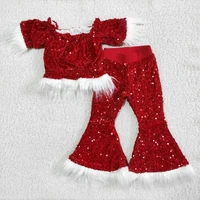 wholesale christmas boutique children baby girls red real sequins clothing set bells pants fashion toddler outfit