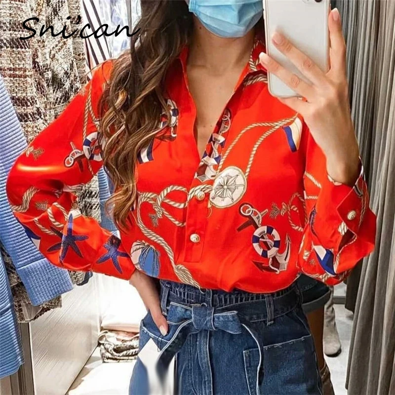 

Snican Long Sleeve Red Anchor Print Satin Shirts Fashion Office Ladies Blouse Za Women 2021 Chemisier Femme Spring Casual Tops