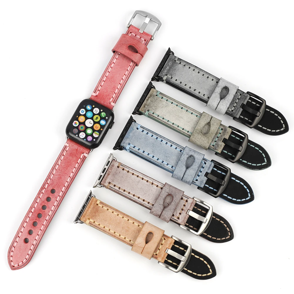 Vintage Leather Watchband Replacement for Apple Watch Band 44mm 40mm 42mm 38mm Series 4 3 2 Handmade Watch Strap