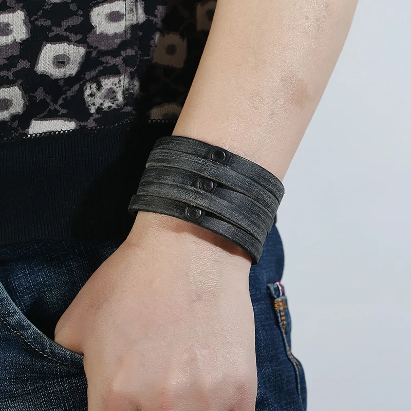 Женский и мужской широкий браслет из натуральной кожи многослойные браслеты