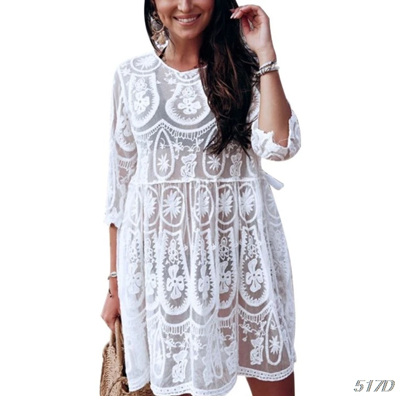 

Women Sexy Bikini Cover Up White Crochet Embroidered Floral Lace Swimwear Bohemian Backless Tassels Drawstring Dress Beachwear