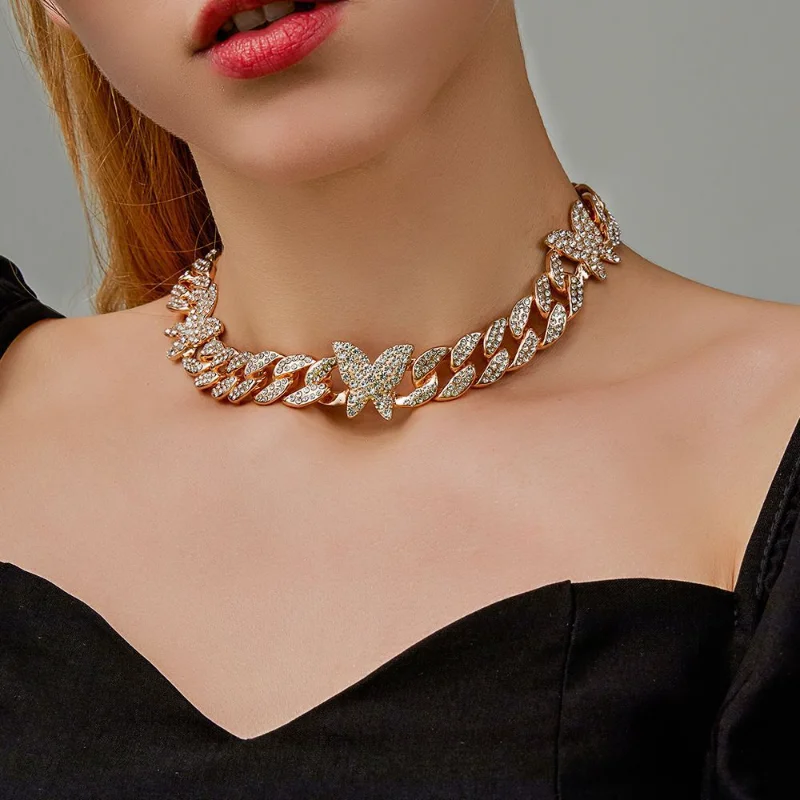 

European and American fashion personality Cuban water diamond butterfly necklace femininity retro full drill clavicle chain