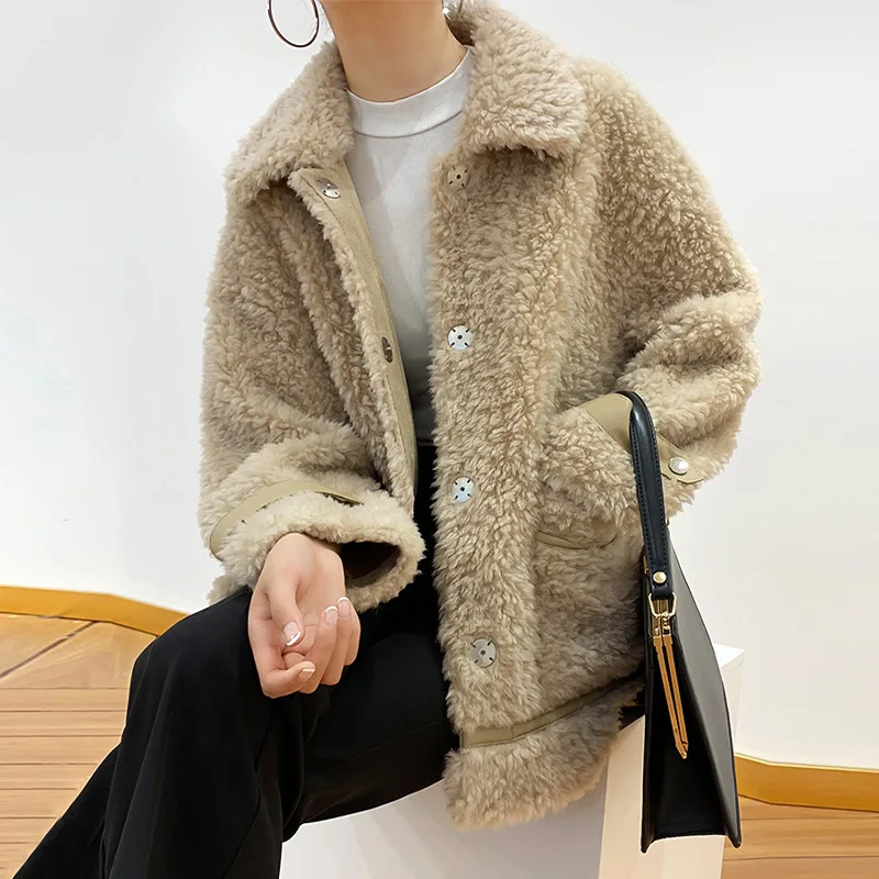 Winter Fashion Real sheep Fur Coats For Women short wool Jacket beige Natural Fur collar casual loose overCoat Female luxury