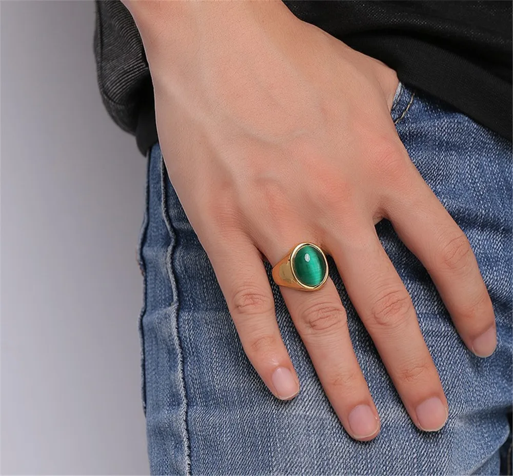 

Green emerald gemstones Opal rings for men 18k gold color titanium stainless steel diamond party jewelry birthday gifts bijoux