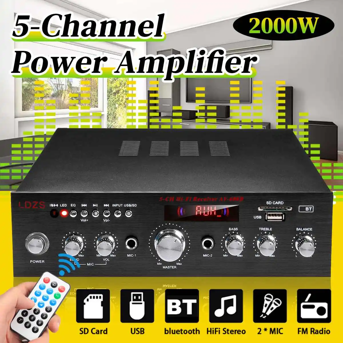 

AV608 2000W 5 Channel bluetooth Audio Power Amplifier Home Car HIFI Digital AV Amp Speaker Remote Control Reverb 2 Mic FM USB SD