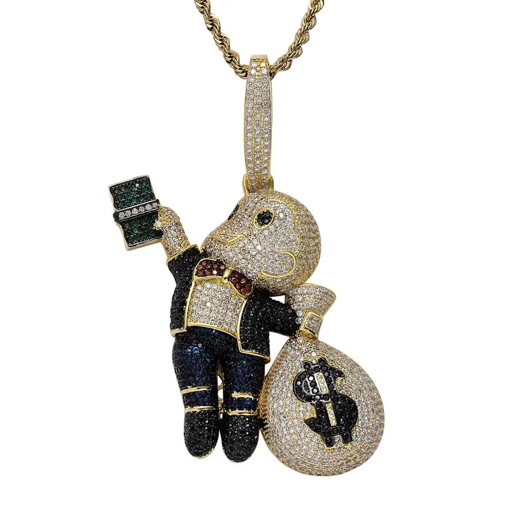 

Hip Hop Boy With Money Bag Pendants 5 colour Cartoon Character Necklace Iced Out Bling Cubic Zirconia Hip Hop Jewelry Men Boys