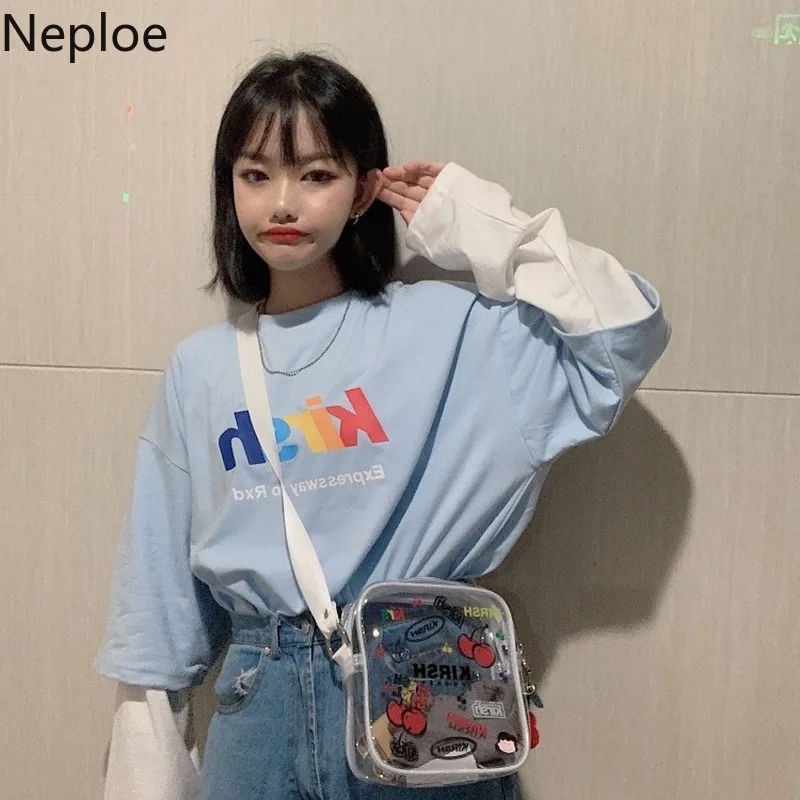 Neploe корейский стиль Харадзюку футболка с буквенным принтом женская мода патч