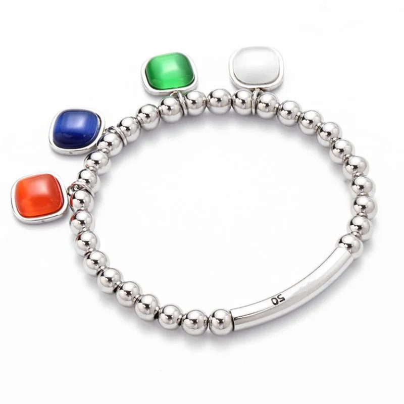 

Brand Fashion Stainless Steel Bracelet 6mm Bead Chain Round Tube Lettering Opal Woman Rainbow Bracelet Pendant UNO Jewelry