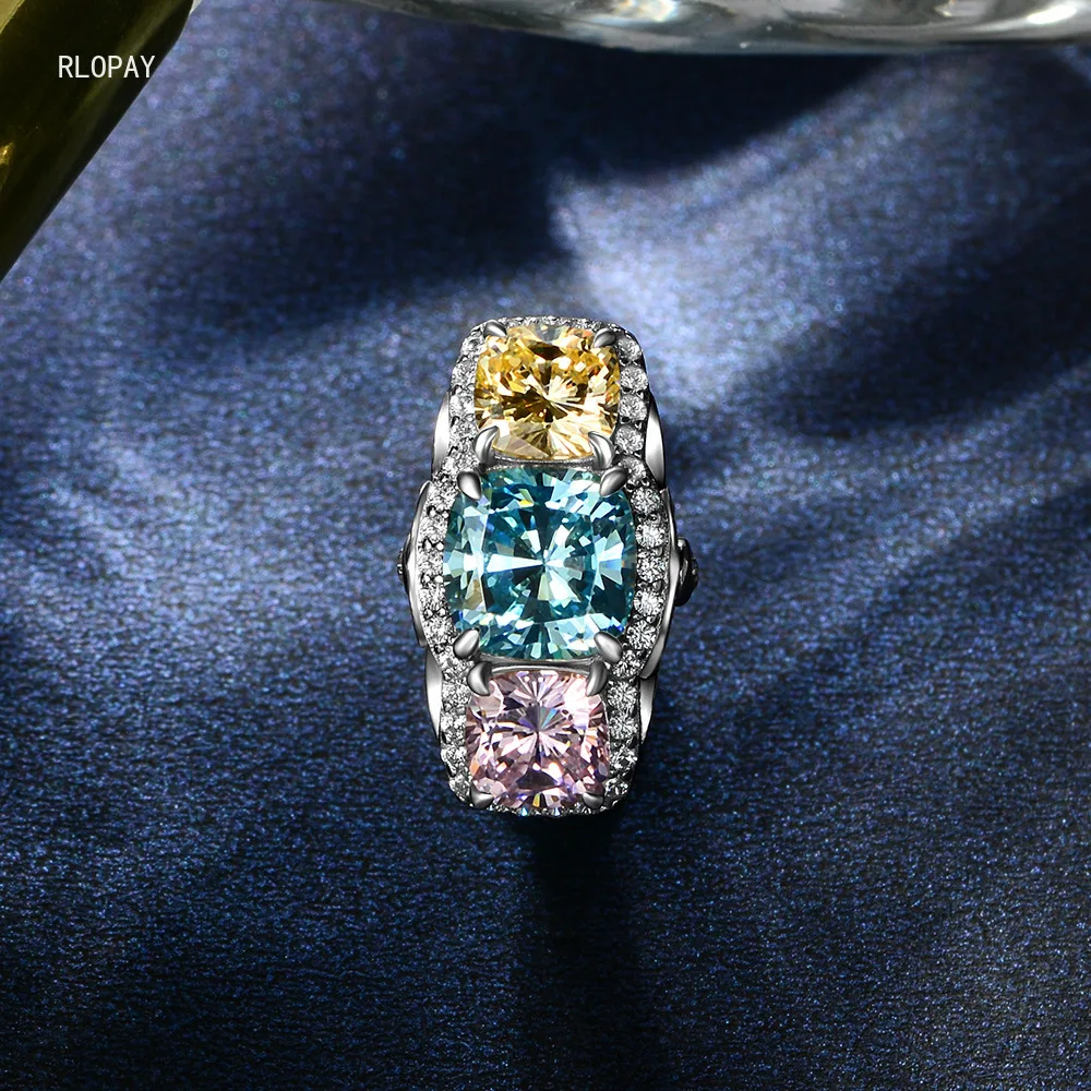 

Fancy Europe Imitation Color Diamond Ring Female Style Inlaid Yellow Blue and Pink Creative Contrast Color S925 Ring