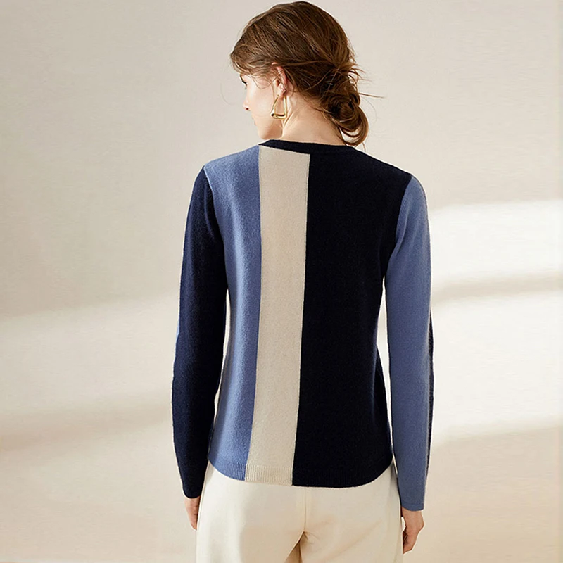 Трикотажные женские пуловеры из смешанной шерсти лоскутные с круглым вырезом и